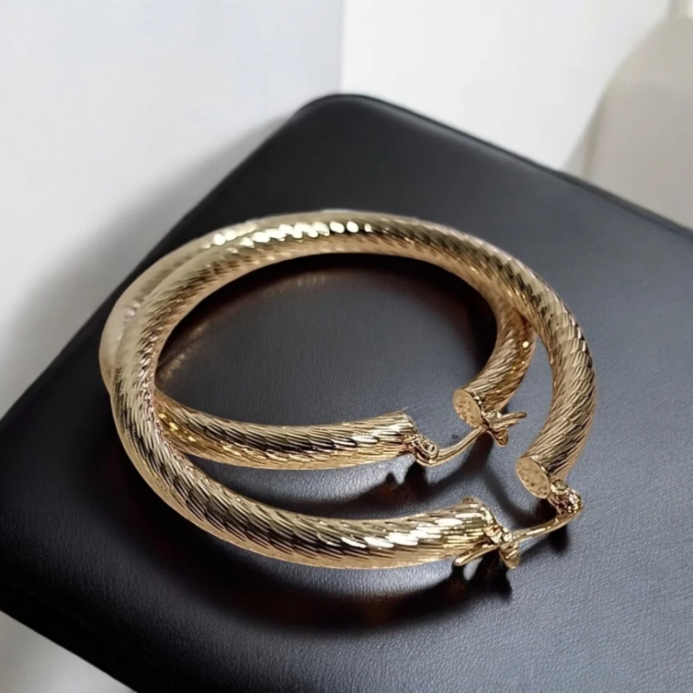 ANNE KLEIN Large Gold Hoop Earrings 60mm Textured Statement Hoops - Picture 12 of 14